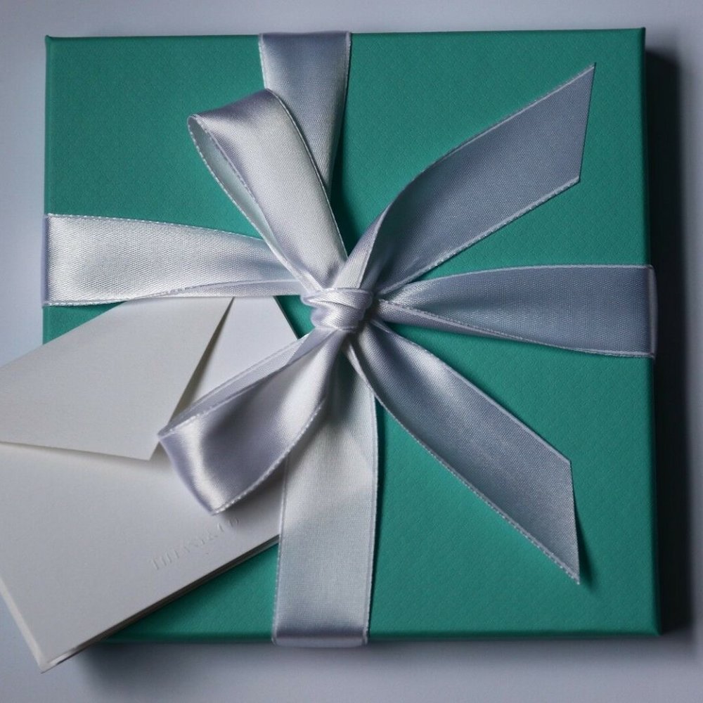 Authentic Tiffany & Co. Blue Square Gift Box with White Ribbon & Notecard